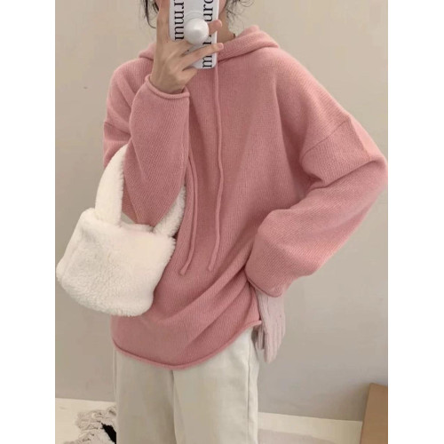 秋冬新款連帽套頭長袖羊毛針織打底衫女百搭慵懶寬松羊絨毛衣帽衫