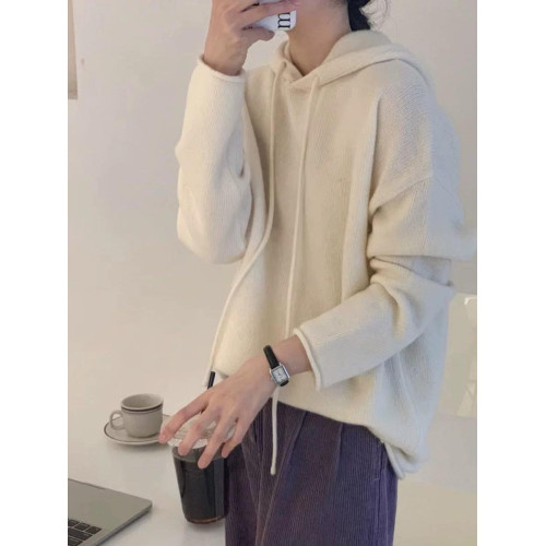 秋冬新款連帽套頭長袖羊毛針織打底衫女百搭慵懶寬松羊絨毛衣帽衫