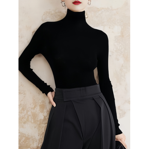 Basic House/百家好100%全羊毛高領針織打底衫女早秋修身內搭毛衣