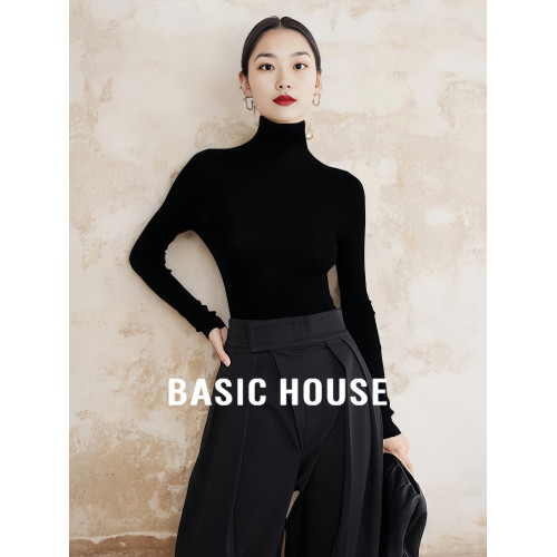 Basic House/百家好100%全羊毛高領針織打底衫女早秋修身內搭毛衣