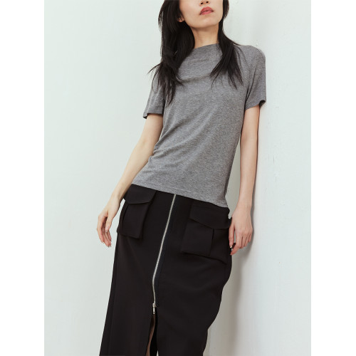 犬馬聲色 簡約氣質半高領 彈力修身針織短袖羊毛打底衫女