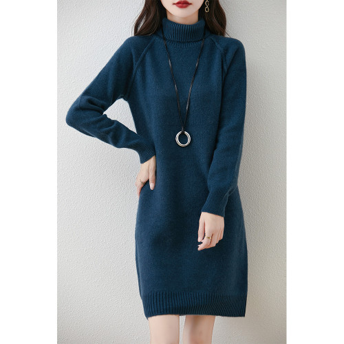 100%羊毛衫女秋冬韓版高領針織連衣裙中長款加厚毛衣女寬松打底衫