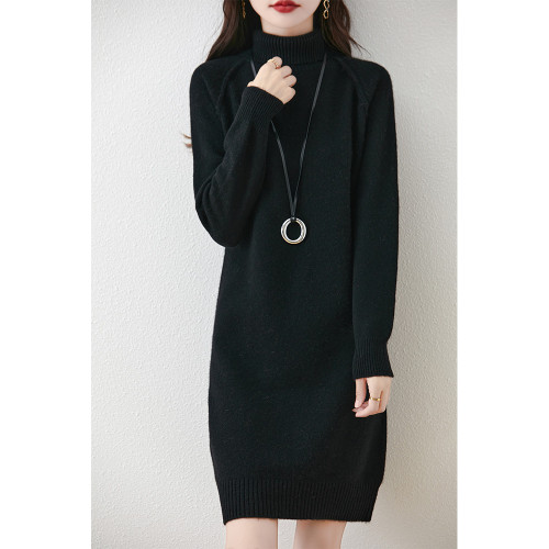 100%羊毛衫女秋冬韓版高領針織連衣裙中長款加厚毛衣女寬松打底衫