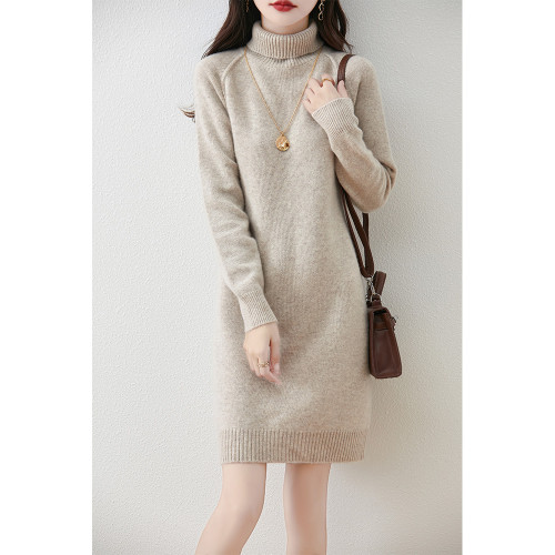 100%羊毛衫女秋冬韓版高領針織連衣裙中長款加厚毛衣女寬松打底衫