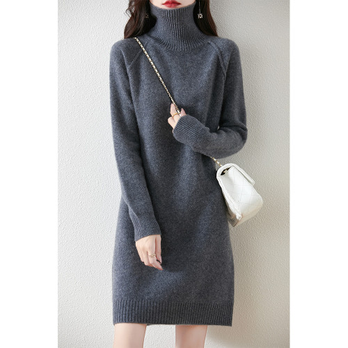 100%羊毛衫女秋冬韓版高領針織連衣裙中長款加厚毛衣女寬松打底衫