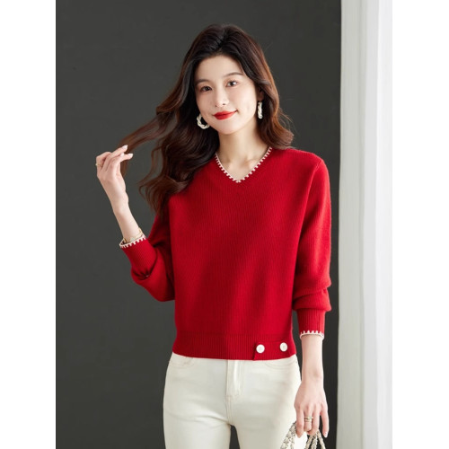 高級感短款小個子毛衣女春秋冬款V領針織打底衫高腰雞心領羊毛衫