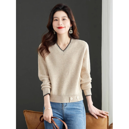 高級感短款小個子毛衣女春秋冬款V領針織打底衫高腰雞心領羊毛衫