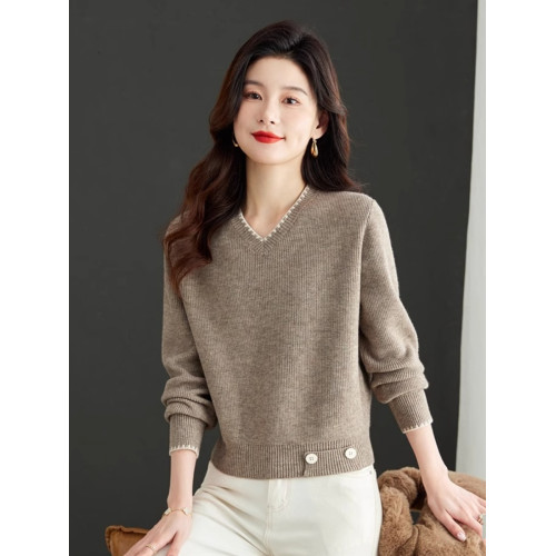高級感短款小個子毛衣女春秋冬款V領針織打底衫高腰雞心領羊毛衫