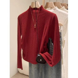 杏色半高領針織衫女秋冬2025新款彈力褶皺修身打底衫內搭軟糯上衣