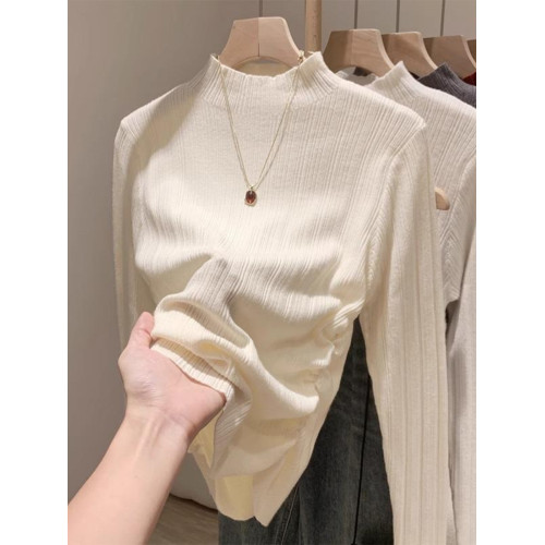 杏色半高領針織衫女秋冬2025新款彈力褶皺修身打底衫內搭軟糯上衣