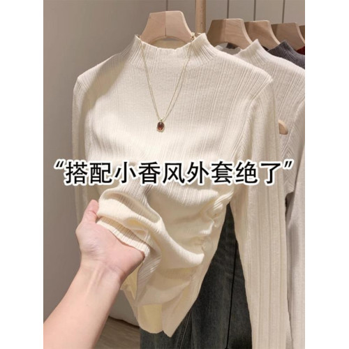 杏色半高領針織衫女秋冬2025新款彈力褶皺修身打底衫內搭軟糯上衣