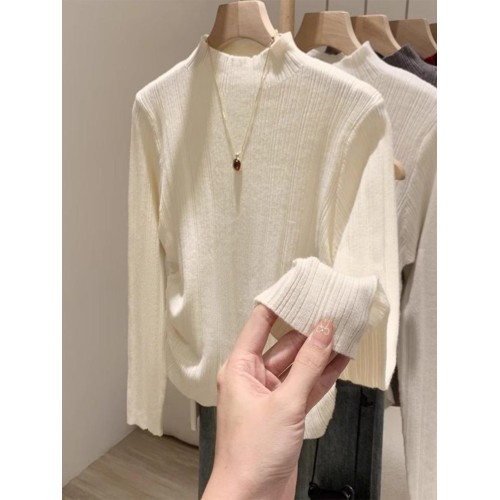 杏色半高領針織衫女秋冬2025新款彈力褶皺修身打底衫內搭軟糯上衣