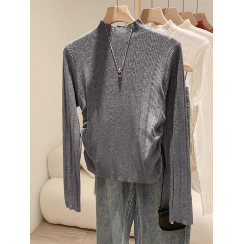 杏色半高領針織衫女秋冬2025新款彈力褶皺修身打底衫內搭軟糯上衣