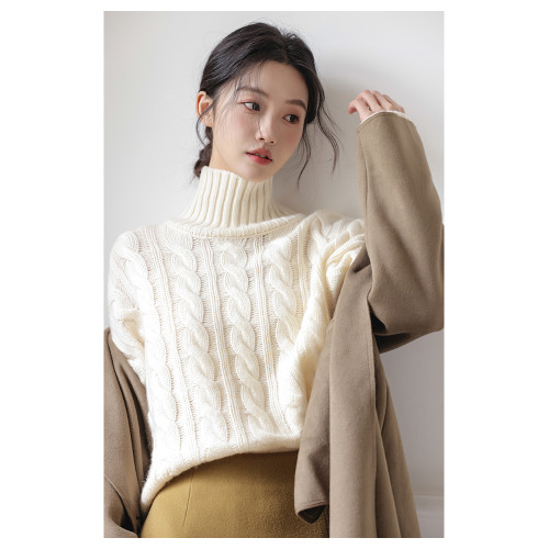 高領麻花毛衣女2025秋冬新款寬松加厚保暖長袖打底衫白色針織上衣