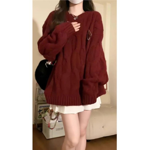 紅色毛衣女秋冬麻花高中初中學生女孩本命年好大童加厚針織打底衫