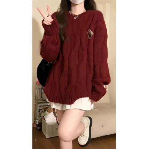 紅色毛衣女秋冬麻花高中初中學生女孩本命年好大童加厚針織打底衫