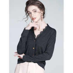 羊毛針織衫女2025秋新款高級感韓系開衫外套蕾絲邊V領毛衣打底衫