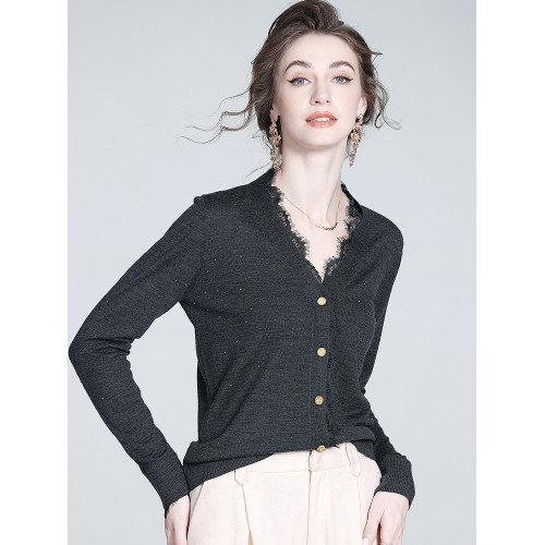 羊毛針織衫女2025秋新款高級感韓系開衫外套蕾絲邊V領毛衣打底衫