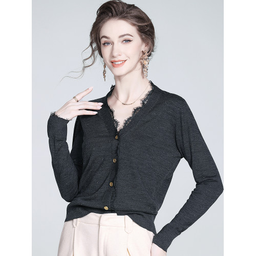 羊毛針織衫女2025秋新款高級感韓系開衫外套蕾絲邊V領毛衣打底衫