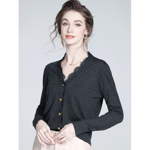 羊毛針織衫女2025秋新款高級感韓系開衫外套蕾絲邊V領毛衣打底衫