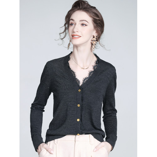 羊毛針織衫女2025秋新款高級感韓系開衫外套蕾絲邊V領毛衣打底衫