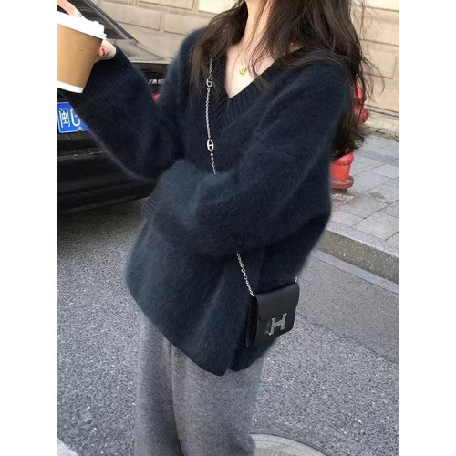 V領加厚慵懶寬松套頭羊絨毛衣女秋冬新款長袖保暖羊毛針織打底衫