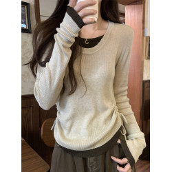 早春韓系高級感2025新款圓領打底衫女開春穿搭假兩件長袖針織上衣