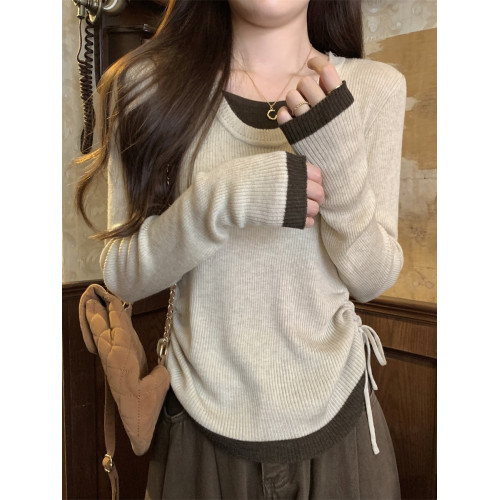 早春韓系高級感2025新款圓領打底衫女開春穿搭假兩件長袖針織上衣