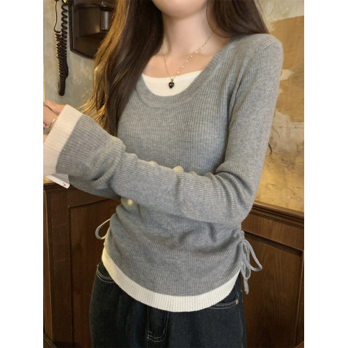 早春韓系高級感2025新款圓領打底衫女開春穿搭假兩件長袖針織上衣