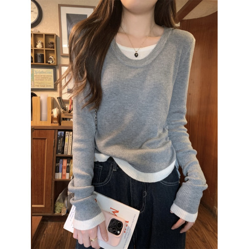 早春韓系高級感2025新款圓領打底衫女開春穿搭假兩件長袖針織上衣