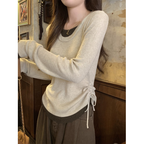 早春韓系高級感2025新款圓領打底衫女開春穿搭假兩件長袖針織上衣