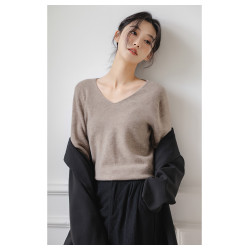 100純羊毛無縫V領毛衣女秋冬內搭純色寬松長袖套頭針織打底衫上衣