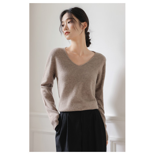 100純羊毛無縫V領毛衣女秋冬內搭純色寬松長袖套頭針織打底衫上衣