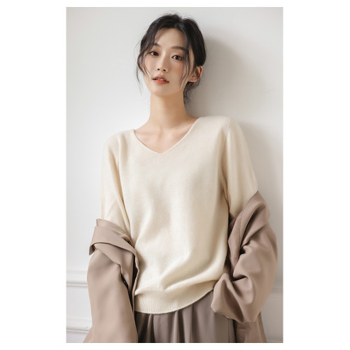 100純羊毛無縫V領毛衣女秋冬內搭純色寬松長袖套頭針織打底衫上衣