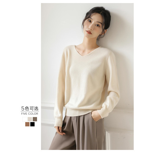 100純羊毛無縫V領毛衣女秋冬內搭純色寬松長袖套頭針織打底衫上衣