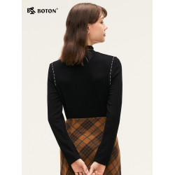 波頓2025秋冬季新款設計感小衆女士針織打底衫黑白色修身毛衣