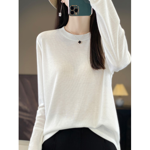 100%天絲絨針織衫女長袖圓領2024春秋新款寬松打底衫短款毛衣內搭