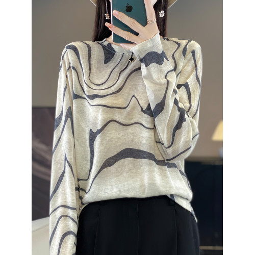 100%天絲絨針織衫女長袖圓領2024春秋新款寬松打底衫短款毛衣內搭