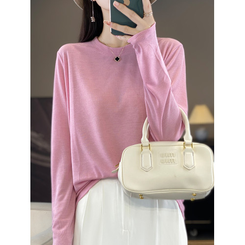 100%天絲絨針織衫女長袖圓領2024春秋新款寬松打底衫短款毛衣內搭