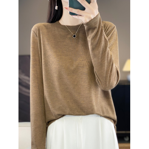 100%天絲絨針織衫女長袖圓領2024春秋新款寬松打底衫短款毛衣內搭