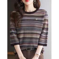 媽媽秋裝萊賽爾天絲針織衫中袖2024新款薄款條紋七分袖上衣打底衫