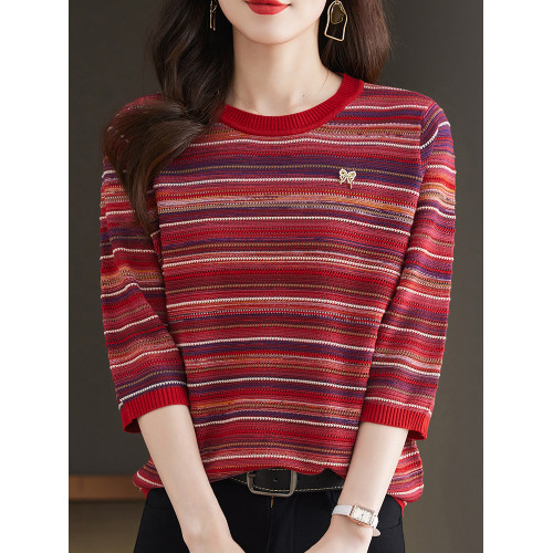 媽媽秋裝萊賽爾天絲針織衫中袖2024新款薄款條紋七分袖上衣打底衫