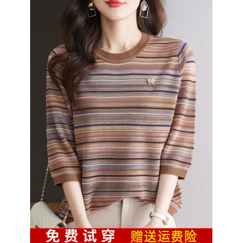 媽媽秋裝萊賽爾天絲針織衫中袖2024新款薄款條紋七分袖上衣打底衫