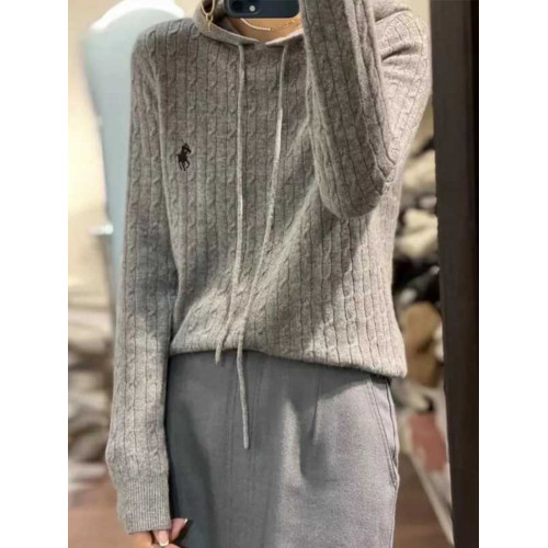 重磅保羅刺綉連帽衫100%純羊毛女絞花套頭毛衣上衣打底衫針織衛衣