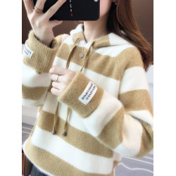 條紋連帽毛衣外套女秋冬季大童13嵗15高中11初中學生12針織打底衫