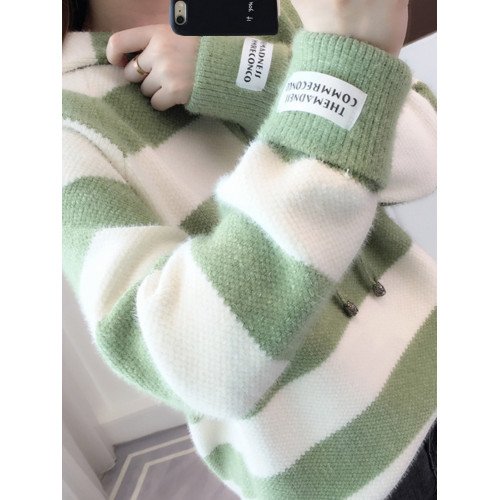 條紋連帽毛衣外套女秋冬季大童13嵗15高中11初中學生12針織打底衫