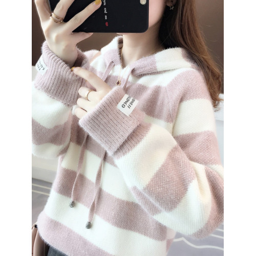 條紋連帽毛衣外套女秋冬季大童13嵗15高中11初中學生12針織打底衫