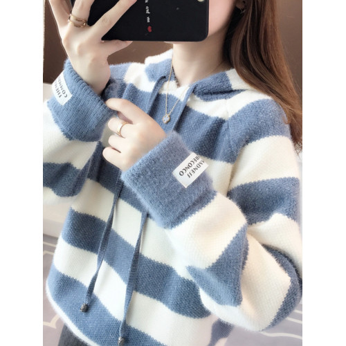 條紋連帽毛衣外套女秋冬季大童13嵗15高中11初中學生12針織打底衫