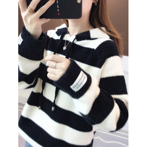 條紋連帽毛衣外套女秋冬季大童13嵗15高中11初中學生12針織打底衫