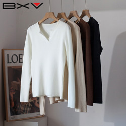 BXV米白色V領針織衫女2024秋季新款純色打底衫長袖套頭衫針織毛衣